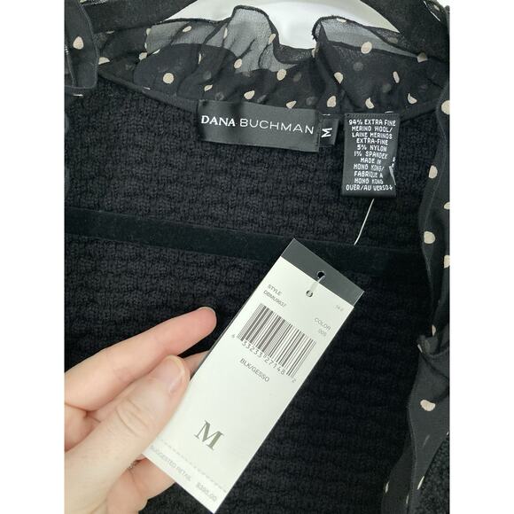 Dana Bachman Black Tan Polka Dot Ruffle Merino Wool Knit Jacket Cardigan Medium - Picture 2 of 8